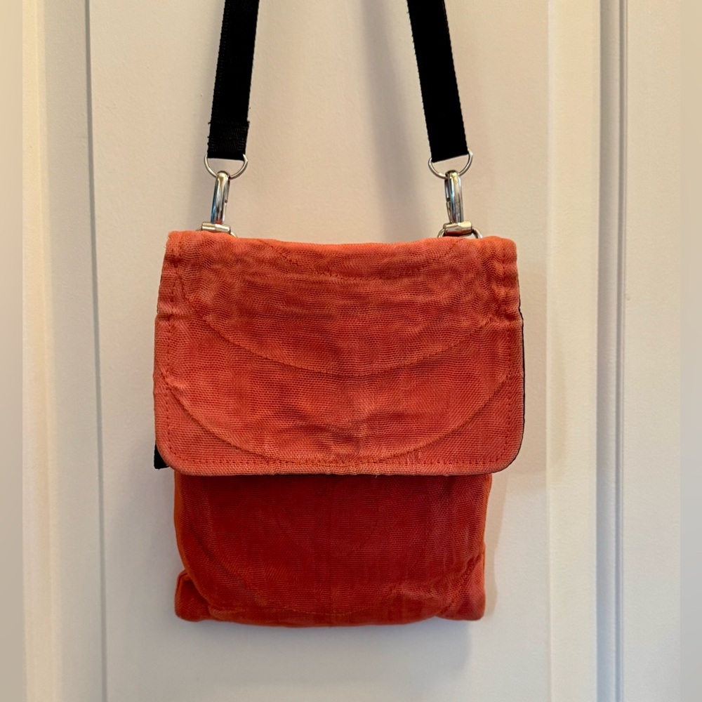 Smateria Cross Body Bag persimmon coral mesh nylon weave unique textured recycle